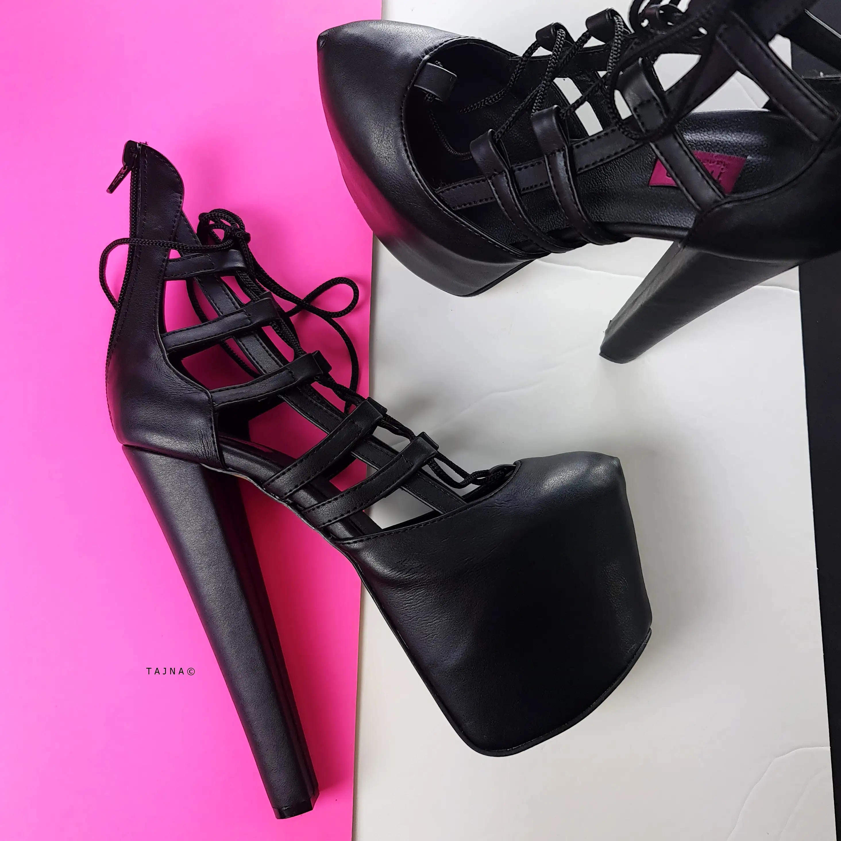 Black Bondage Style Chunky High Heel Pumps