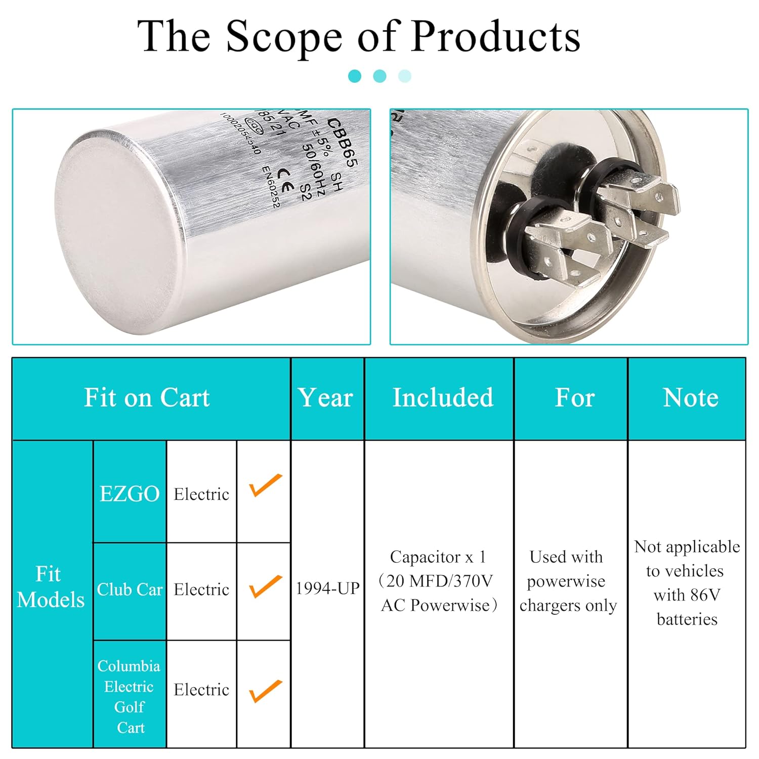 Capacitor 20.5MFD(20MFD) 370VAC for EZGO Club Car Columbia 36V |10L0L