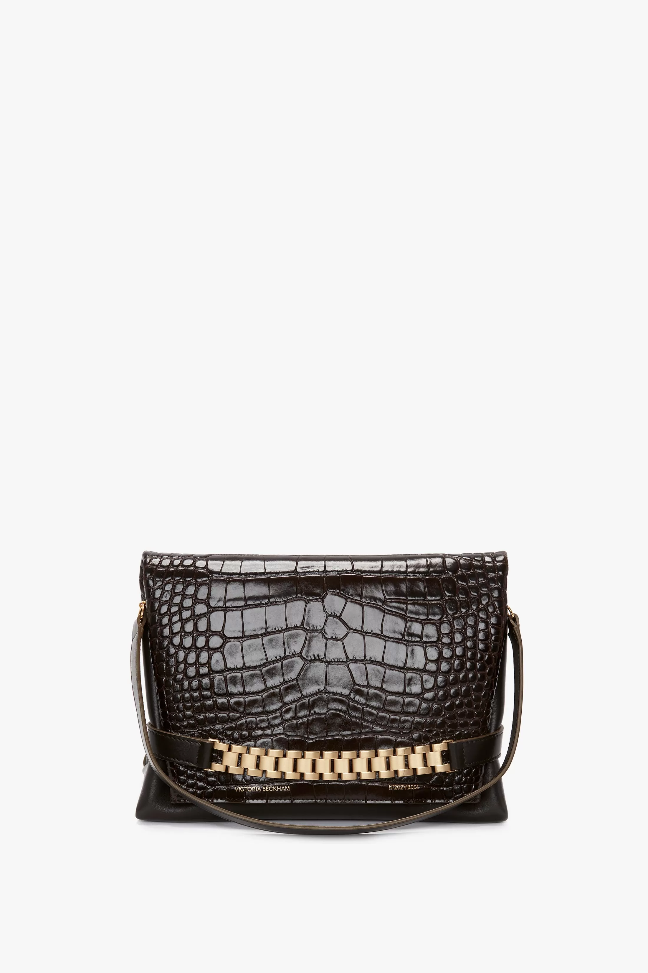 Chain Pouch With Strap In Chocolate Croc-Effect Leather