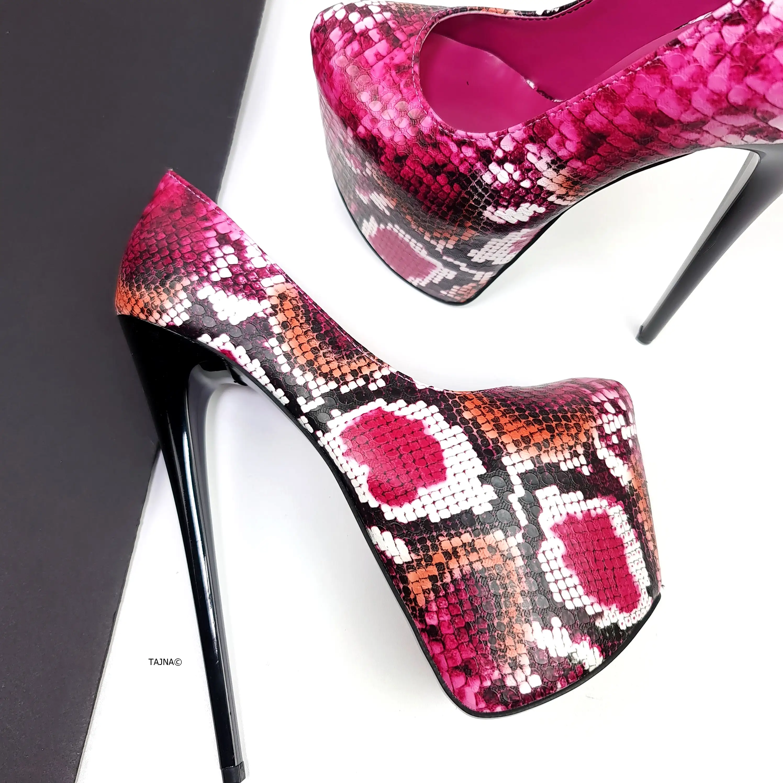 Dark Pink Orange Snake Print High Heel Pumps