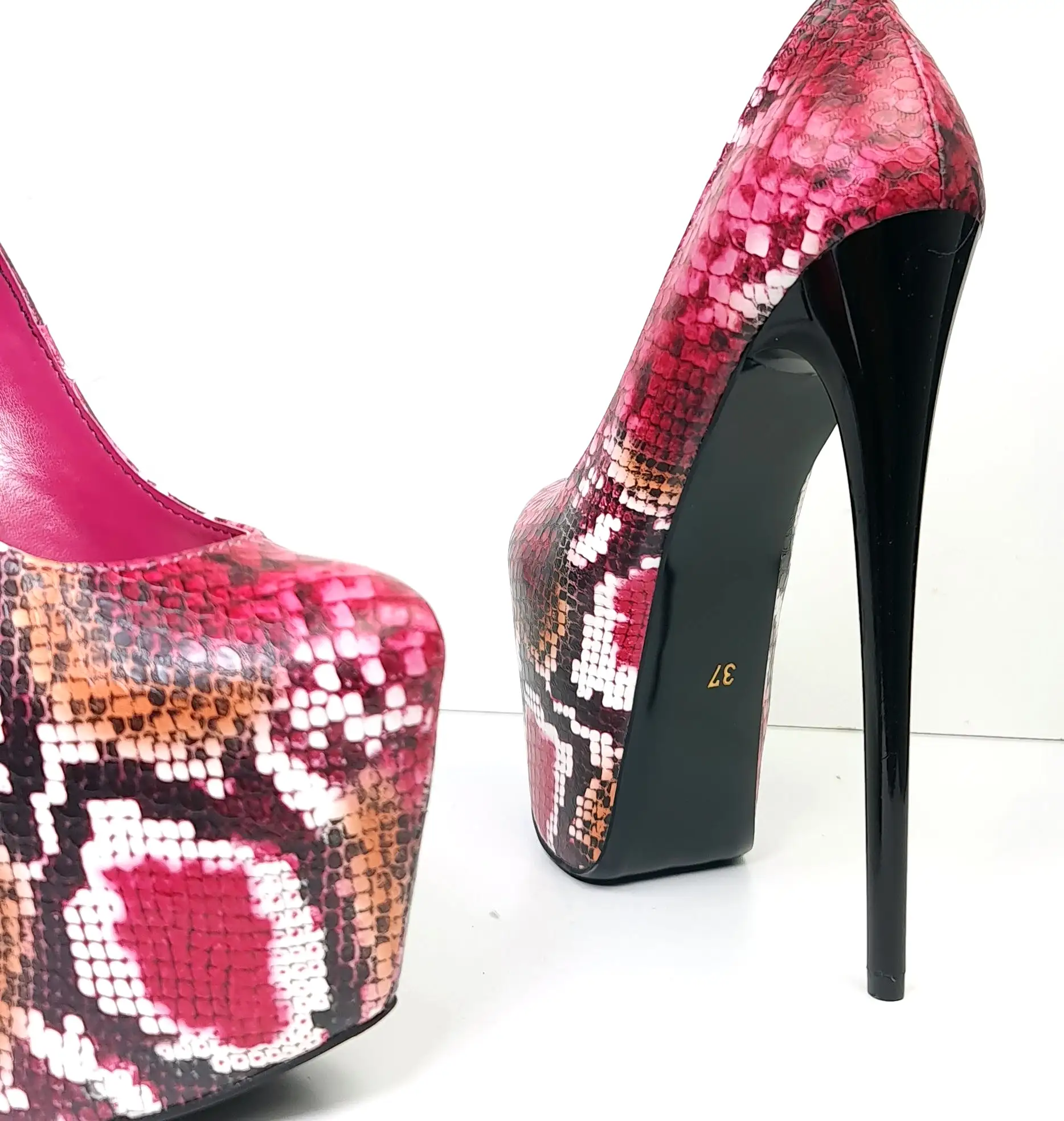 Dark Pink Orange Snake Print High Heel Pumps