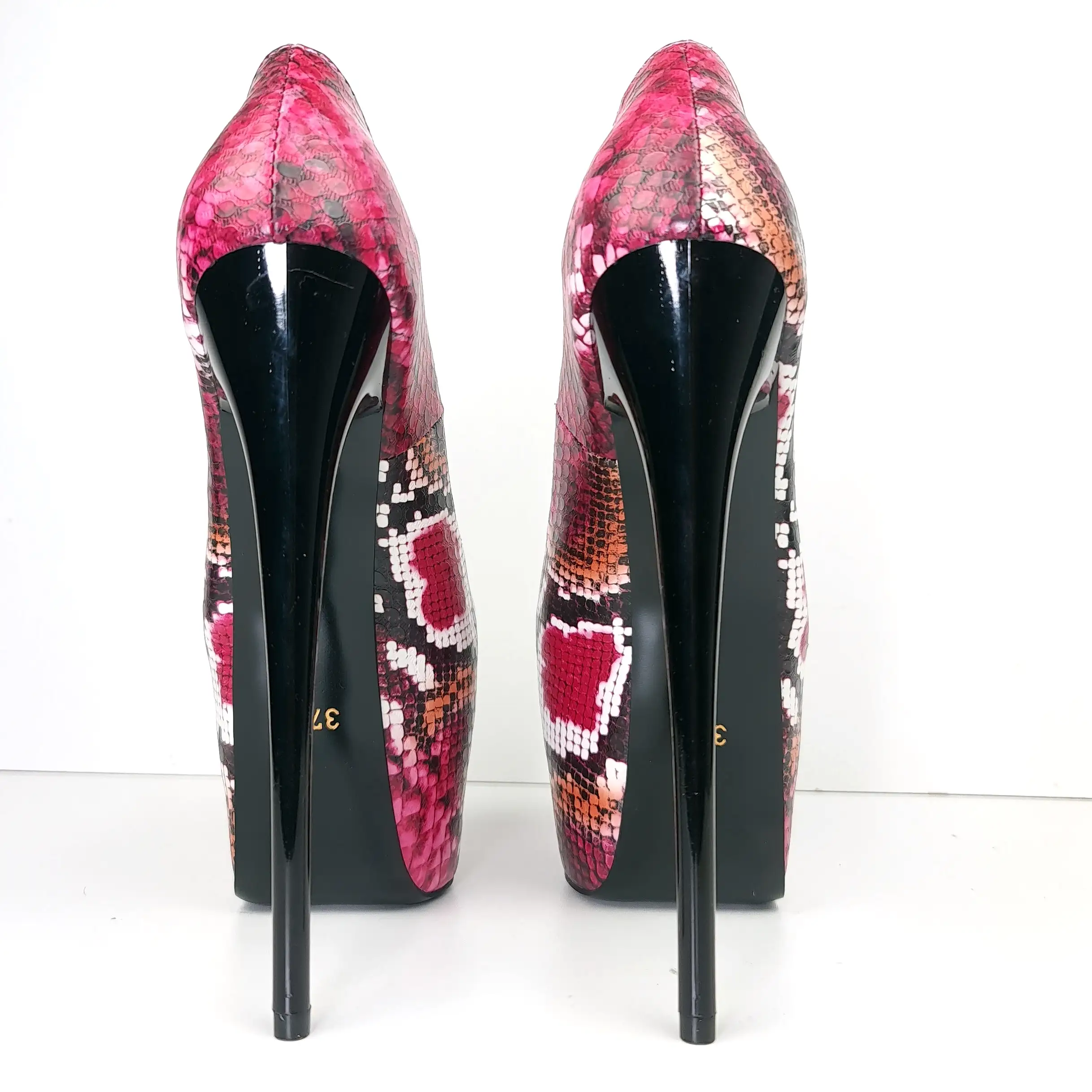 Dark Pink Orange Snake Print High Heel Pumps