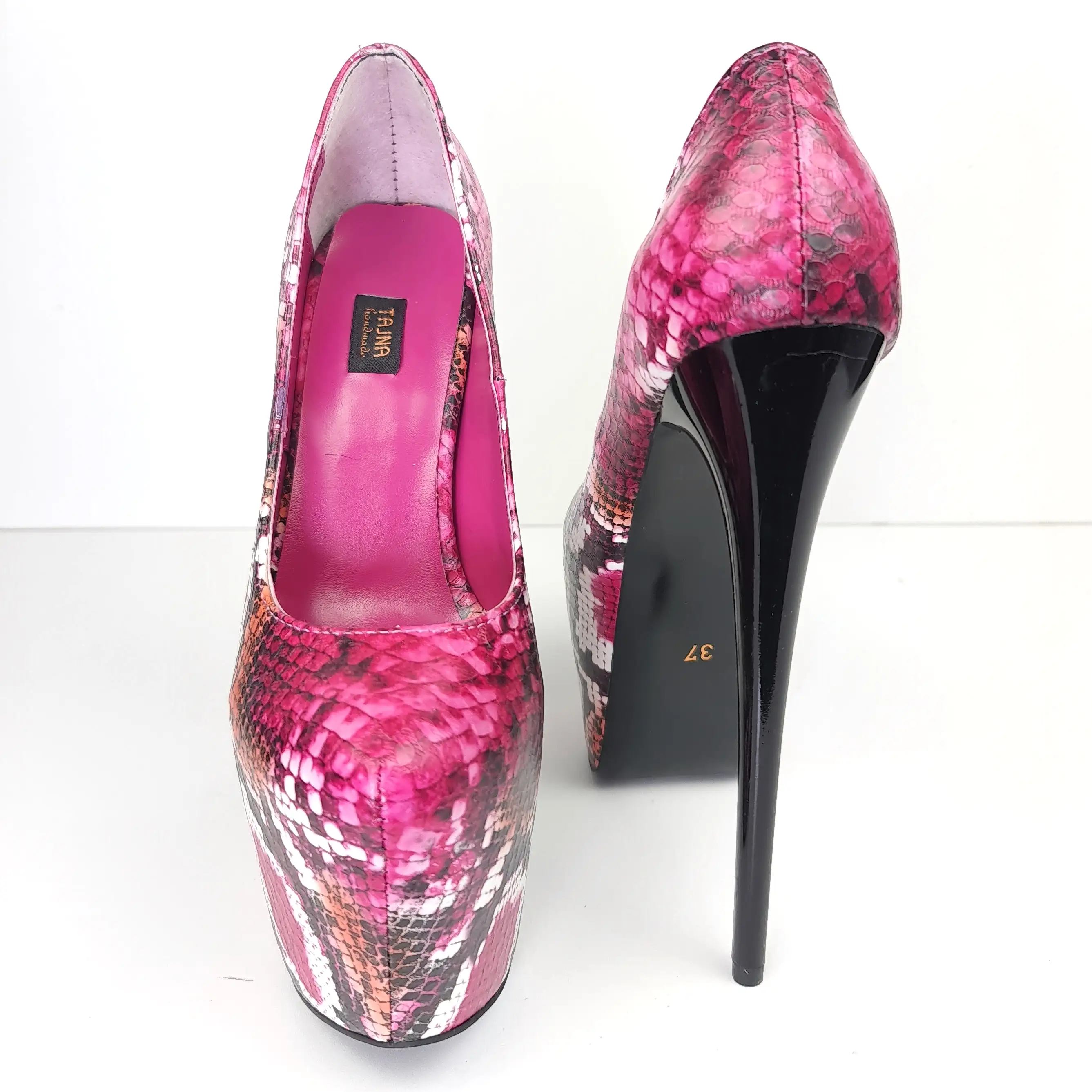 Dark Pink Orange Snake Print High Heel Pumps