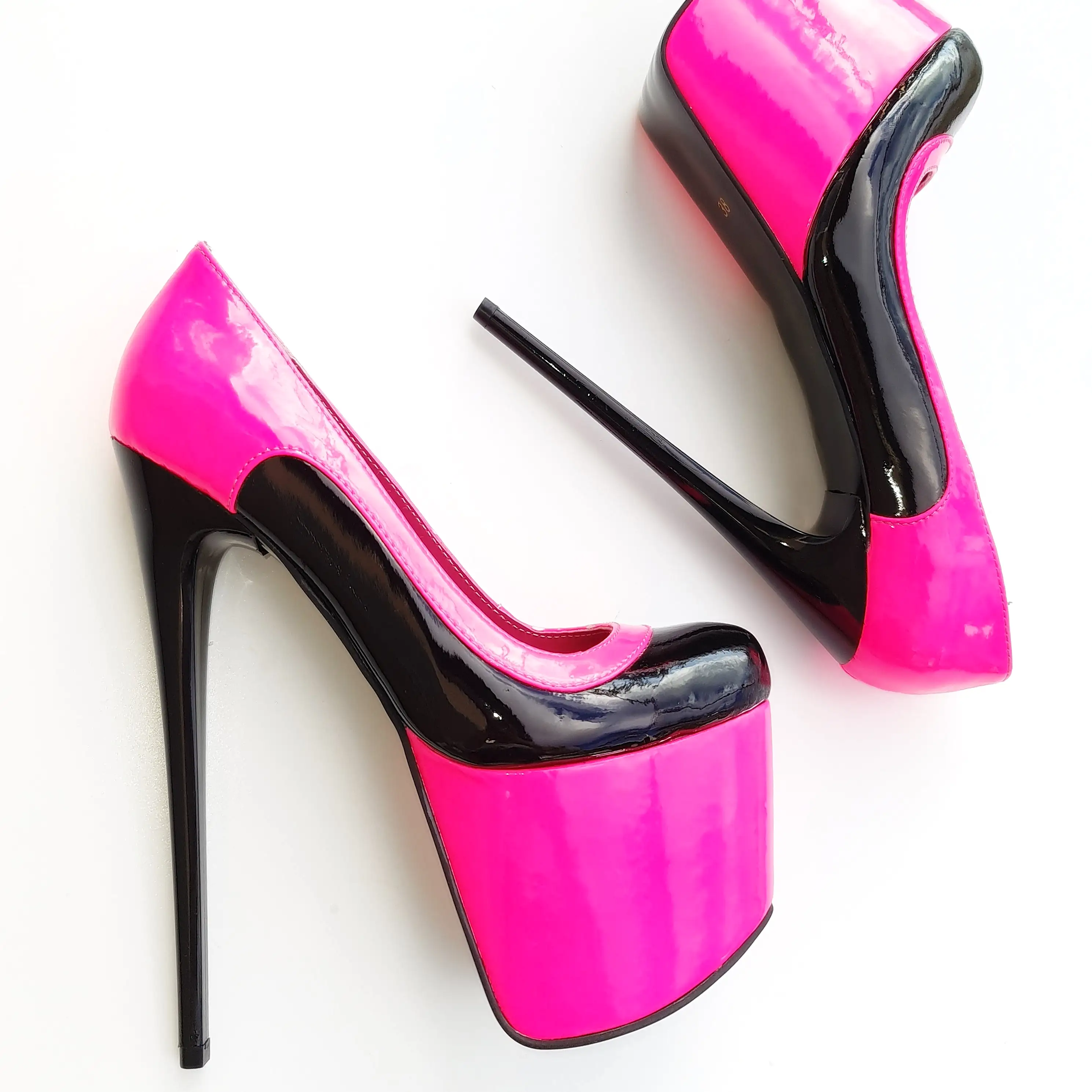 Double Neon Pink Black Gloss High Heel Pumps