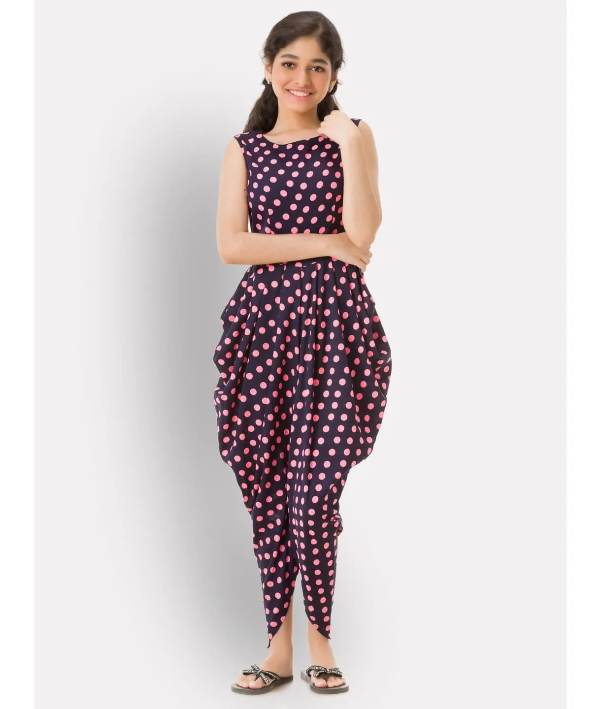 Elasticated Polka Print Dhoti Jumpsuit for Girls