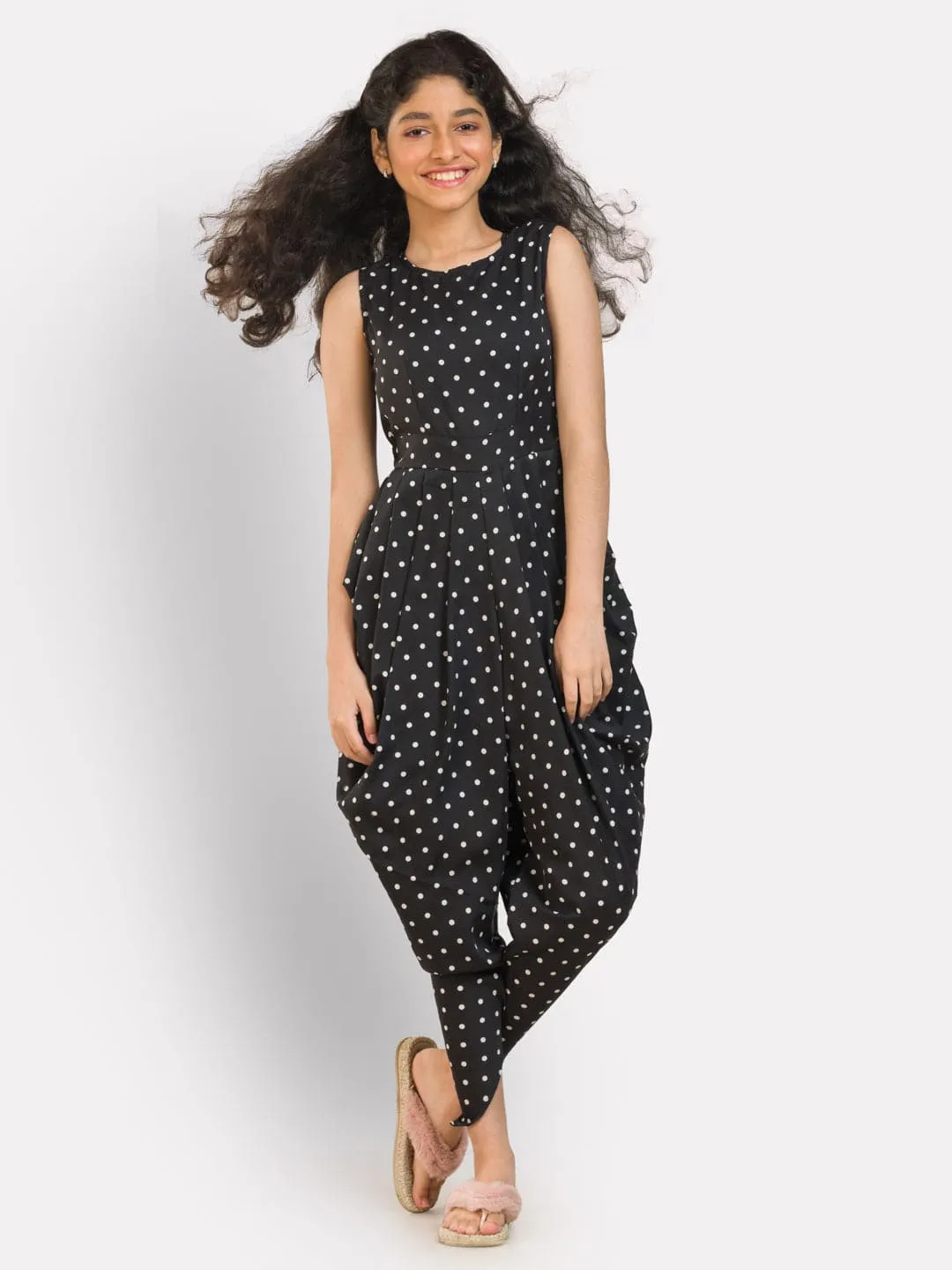 Elasticated Polka Print Dhoti Jumpsuit for Girls