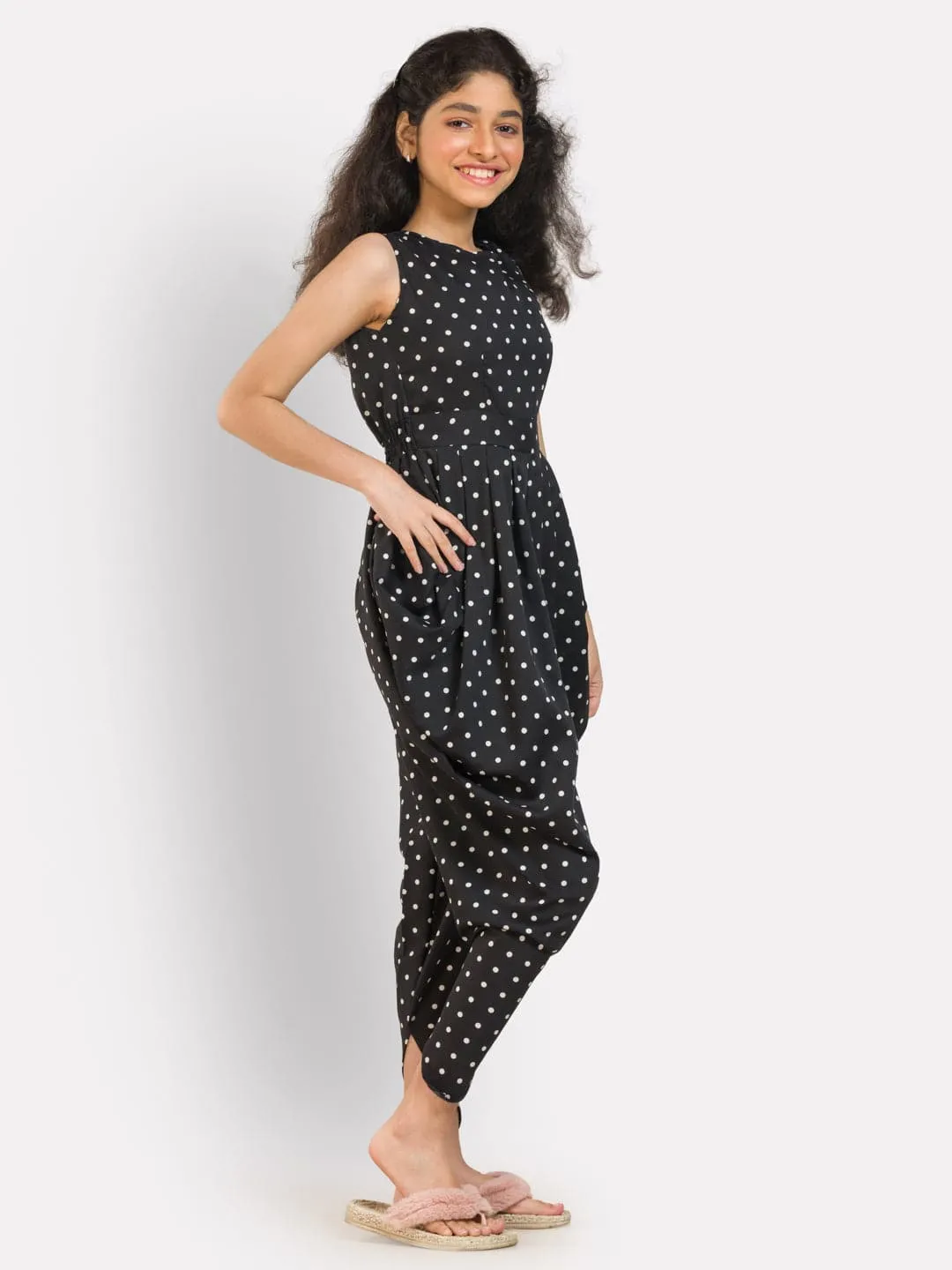 Elasticated Polka Print Dhoti Jumpsuit for Girls