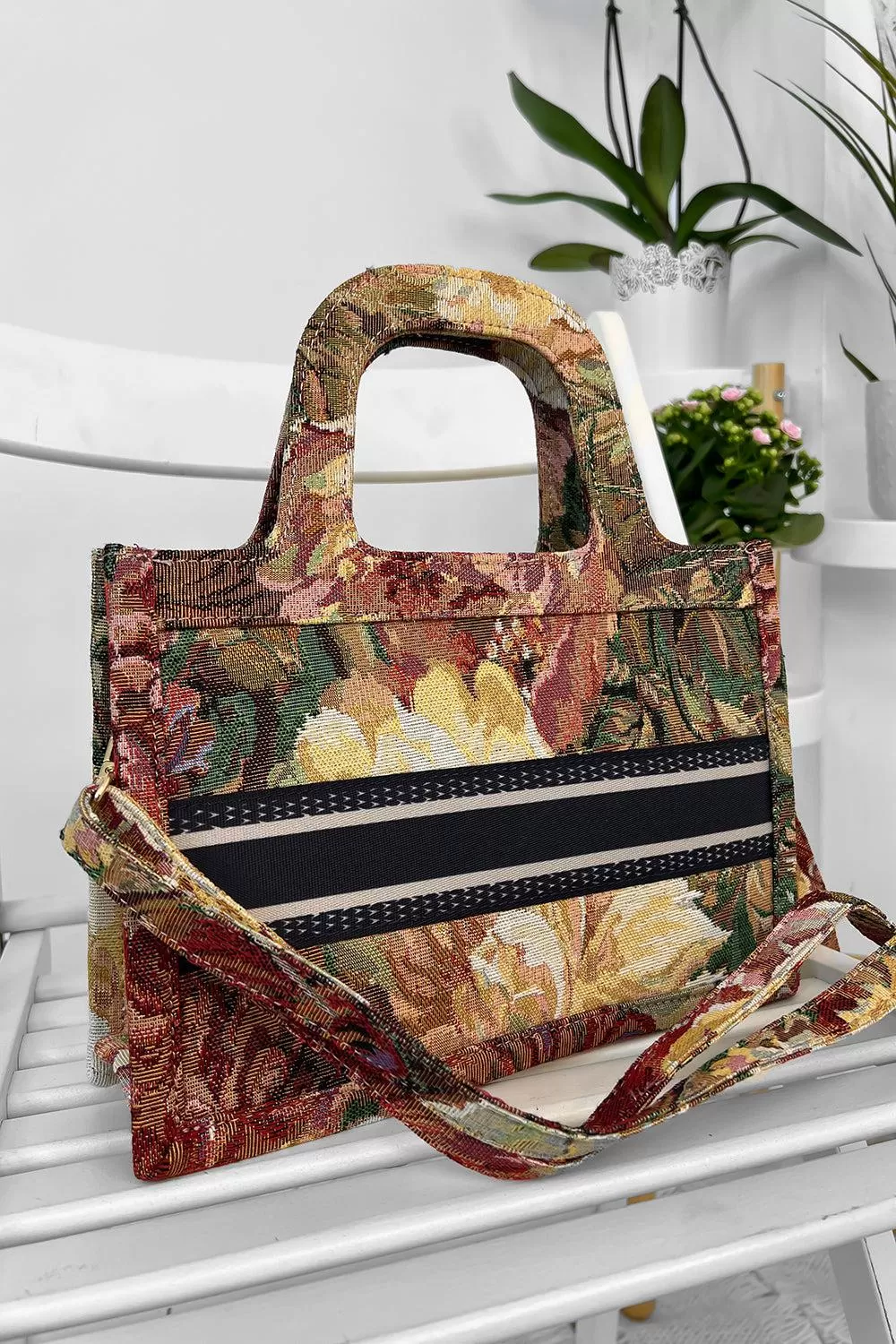 Floral Jacquard Hard Handles Handbag