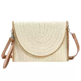 Frayed Trim Straw Crossbody/Clutch - Beige