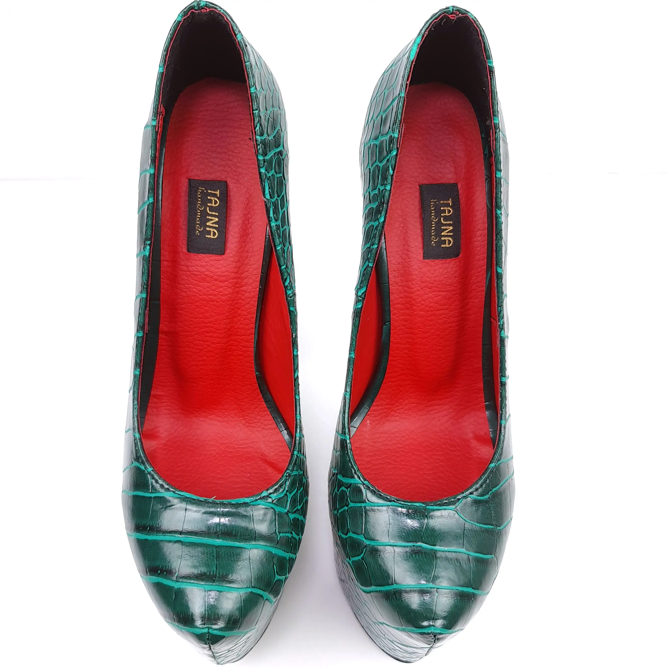 Green Croco Red Detail High Heel Pumps