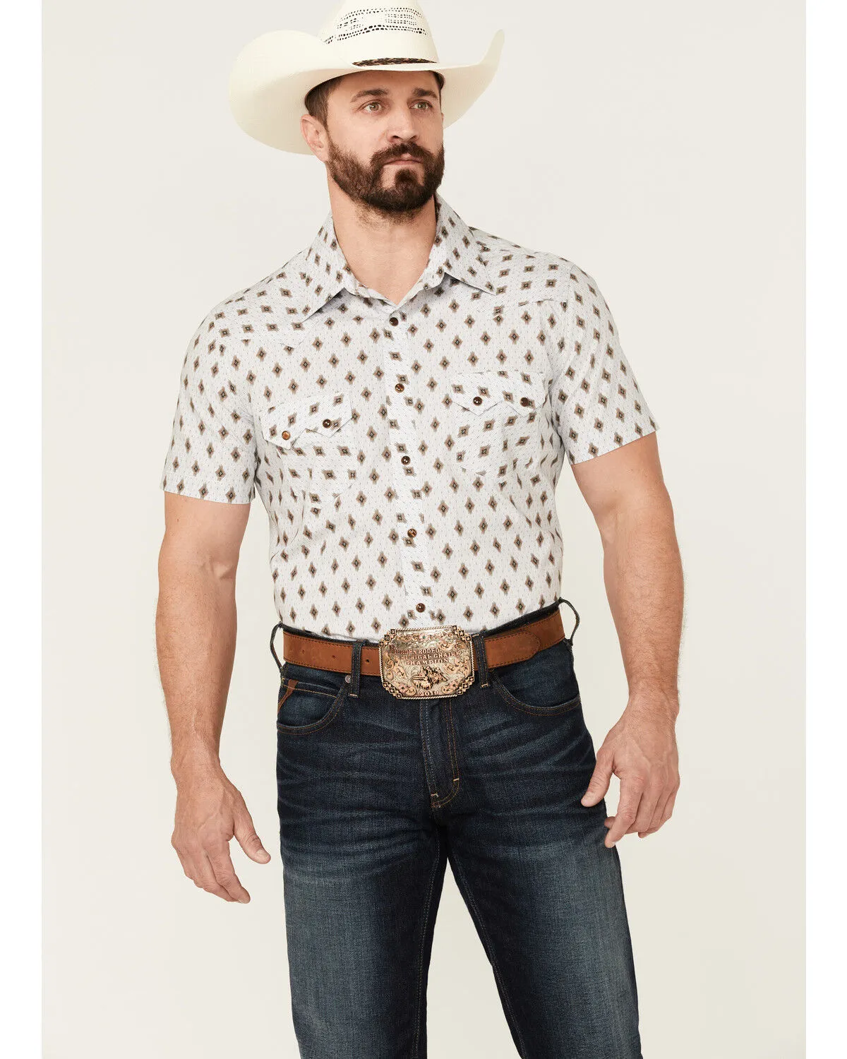 Product Name:  Dale Brisby Men's Taupe Southwestern Geo Print Short Sleeve Snap Western Shirt