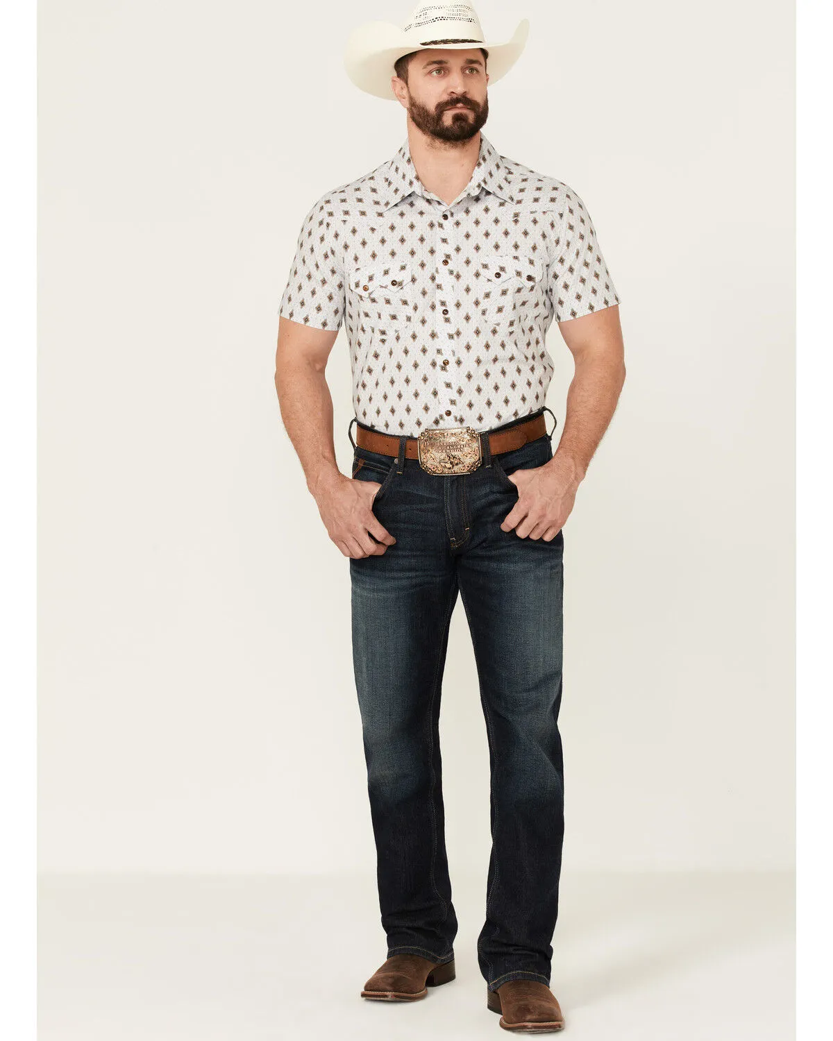 Product Name:  Dale Brisby Men's Taupe Southwestern Geo Print Short Sleeve Snap Western Shirt