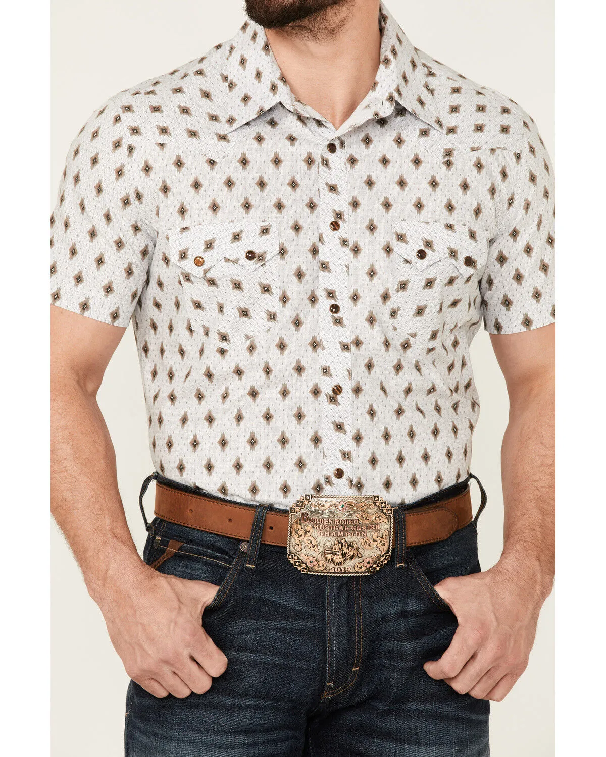 Product Name:  Dale Brisby Men's Taupe Southwestern Geo Print Short Sleeve Snap Western Shirt