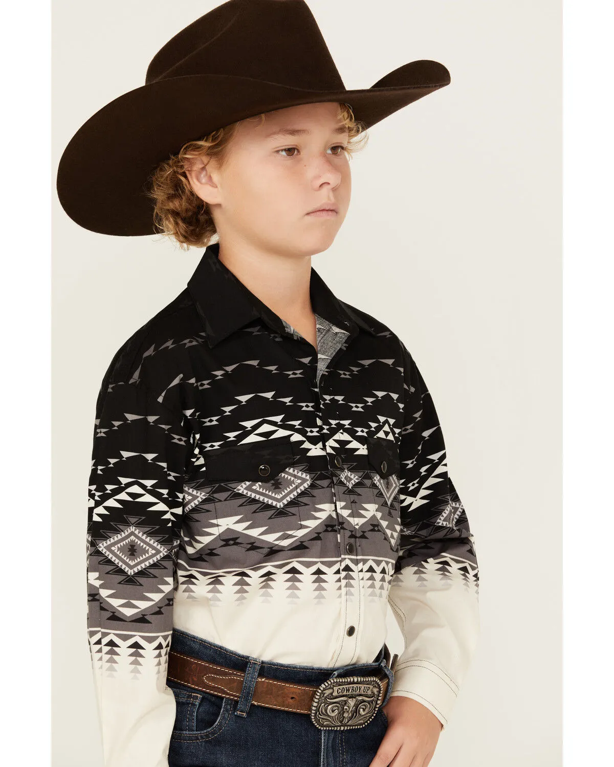 Product Name:  Rock & Roll Denim Boys' Dale Brisby Border Print Long Sleeve Snap Stretch Western Shirt