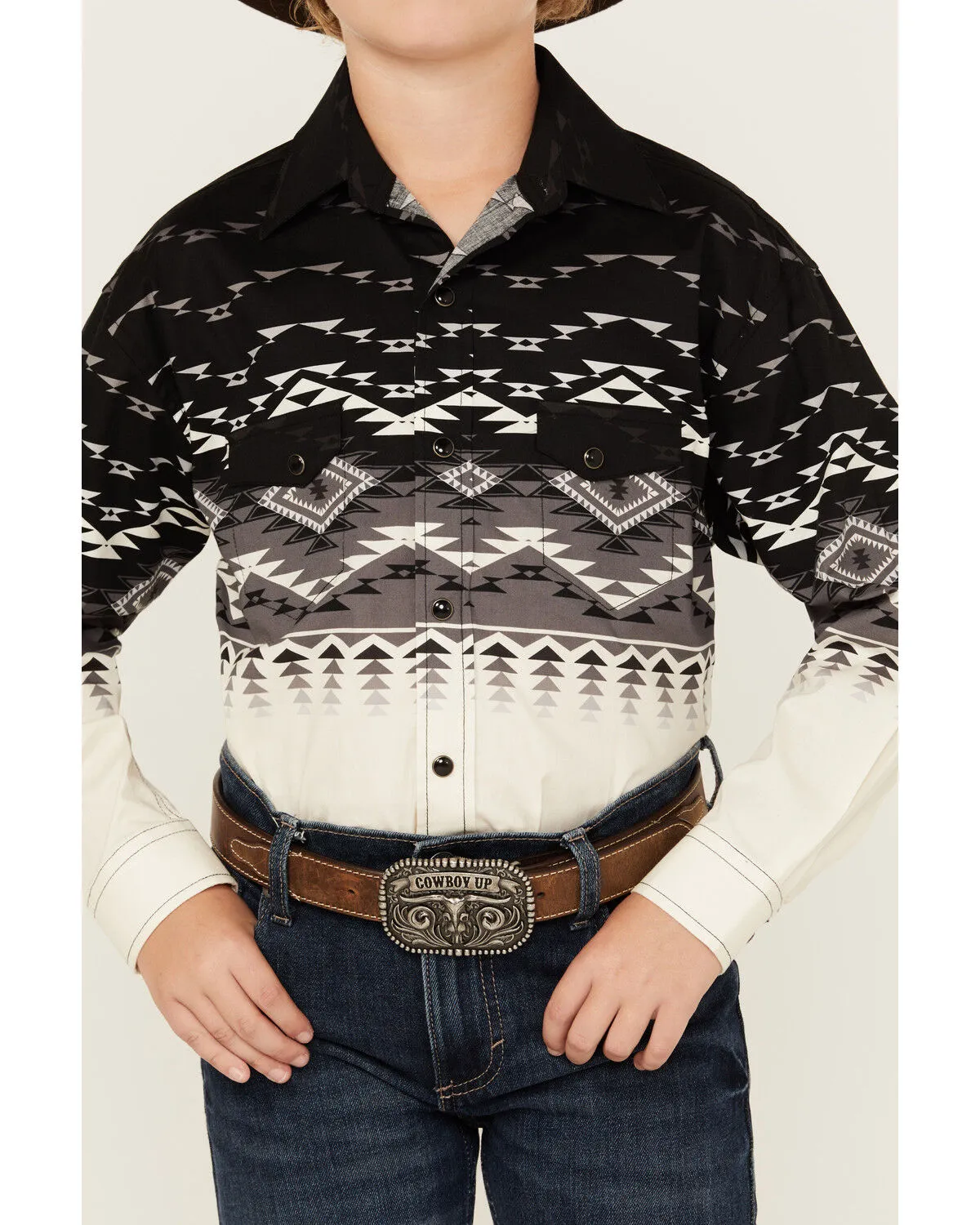 Product Name:  Rock & Roll Denim Boys' Dale Brisby Border Print Long Sleeve Snap Stretch Western Shirt