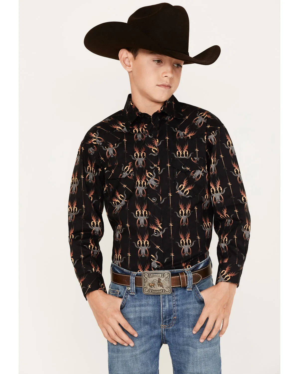 Product Name:  Rock & Roll Denim Boys' Dale Brisby Flame Steer Head Long Sleeve Snap Western Shirt