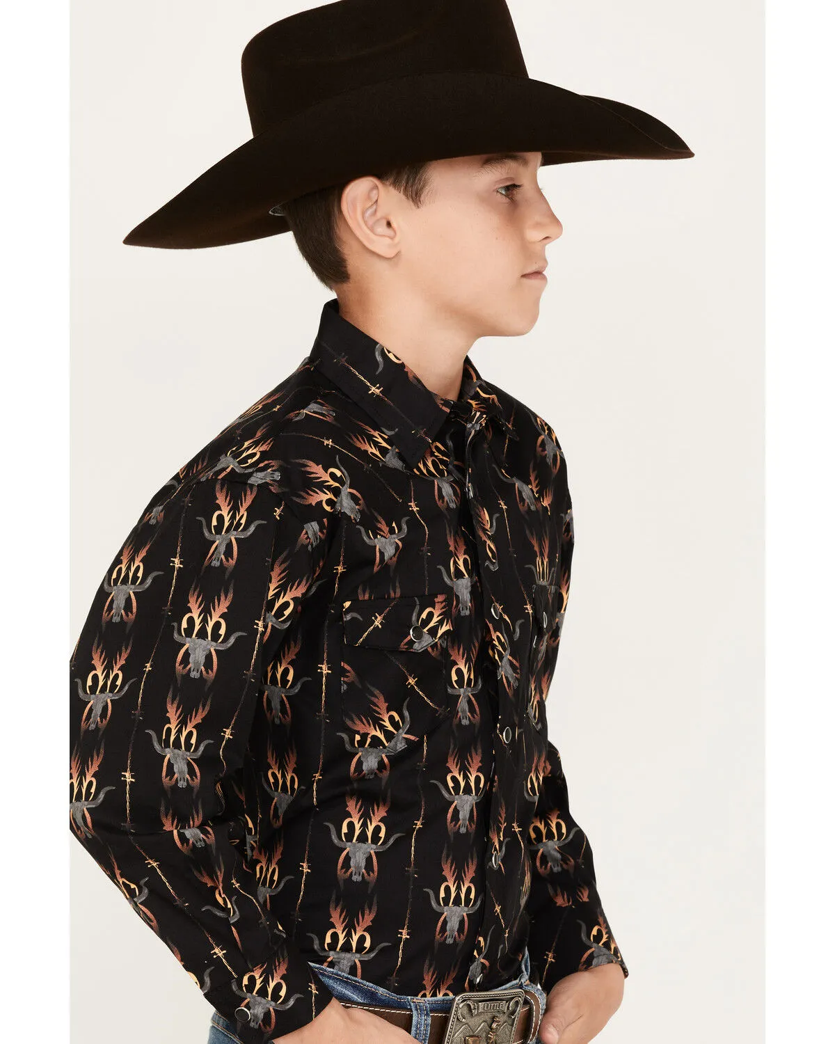 Product Name:  Rock & Roll Denim Boys' Dale Brisby Flame Steer Head Long Sleeve Snap Western Shirt