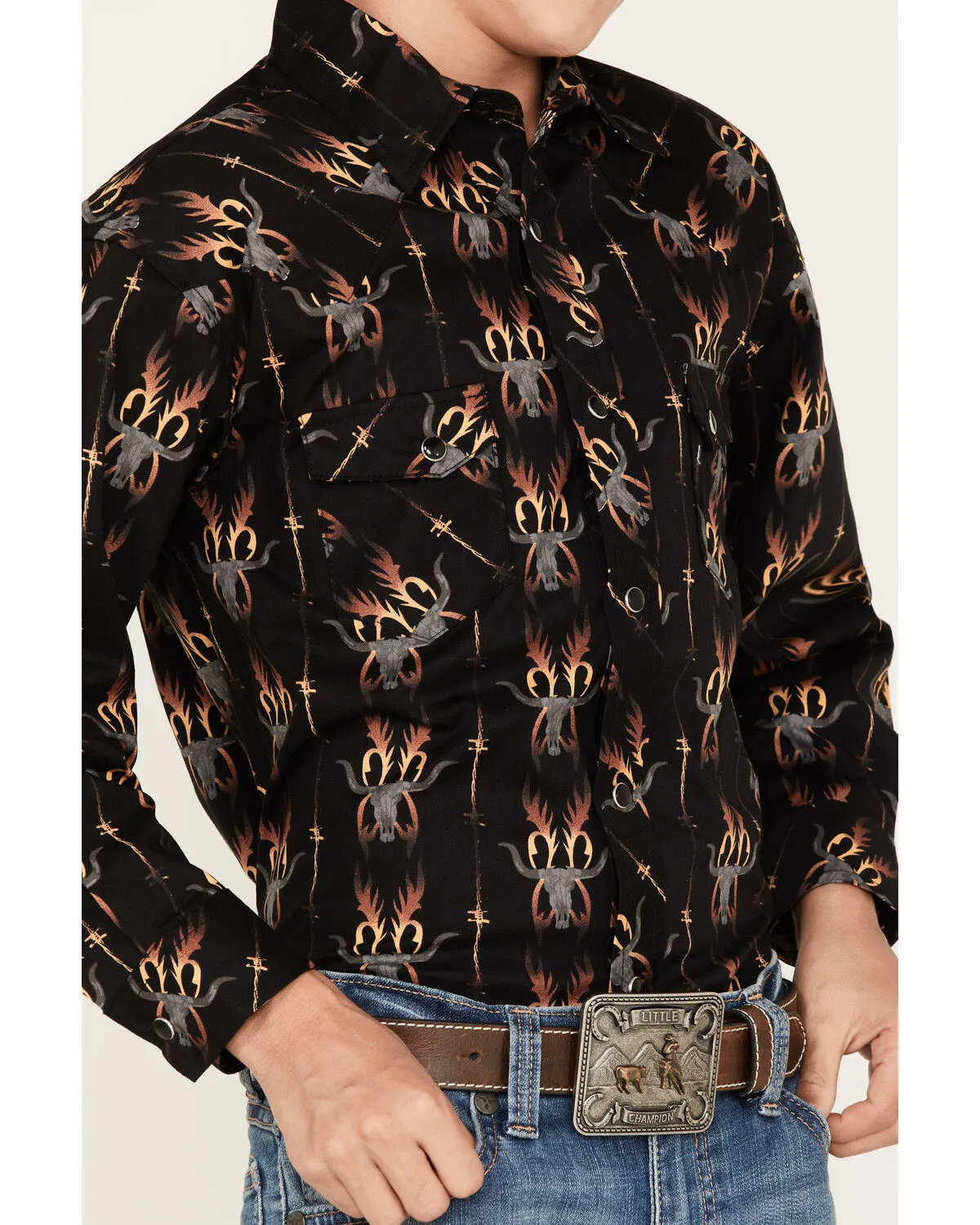 Product Name:  Rock & Roll Denim Boys' Dale Brisby Flame Steer Head Long Sleeve Snap Western Shirt