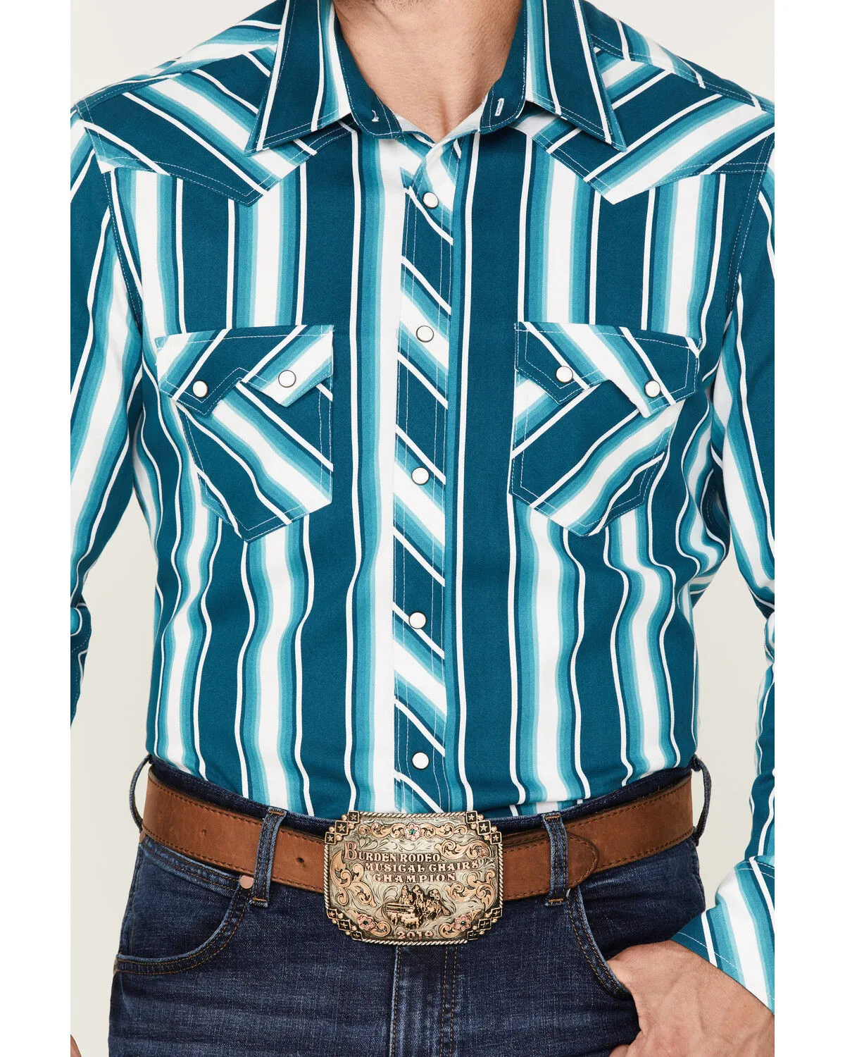 Product Name:  Rock & Roll Denim Men's Dale Brisby Stripe Stretch Long Sleeve Pearl Snap Shirt