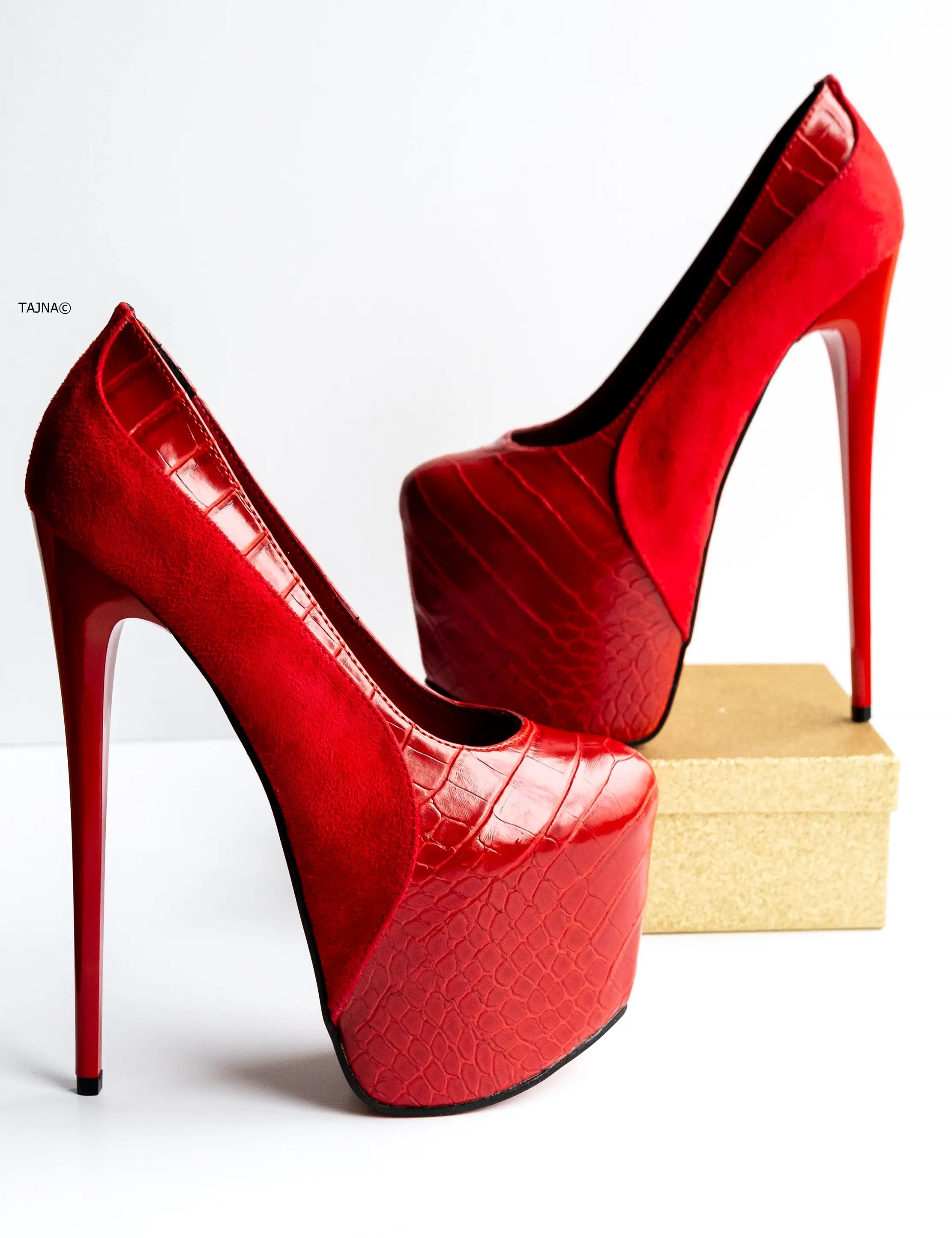 Red Suede Croco Detail High Heel Pumps