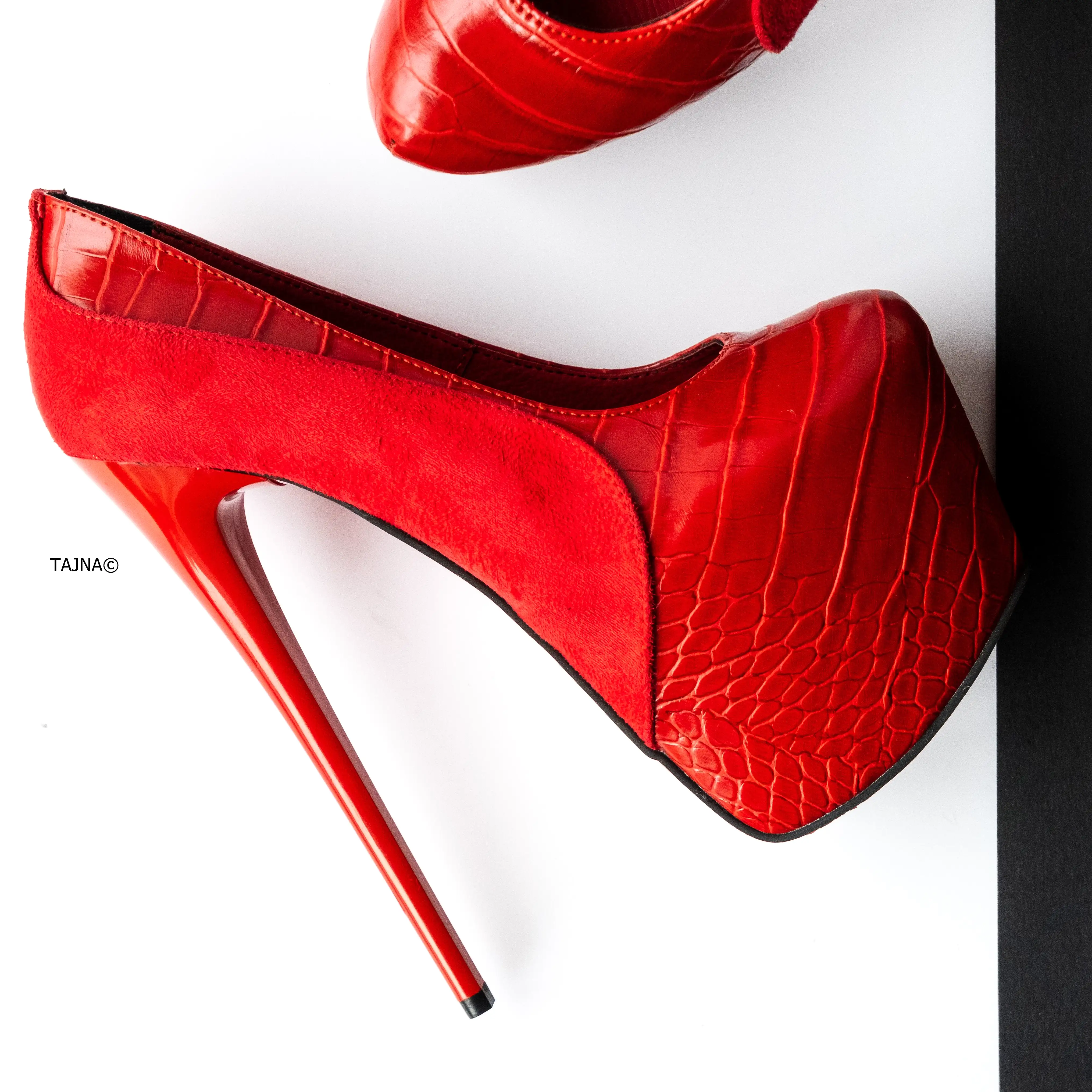 Red Suede Croco Detail High Heel Pumps