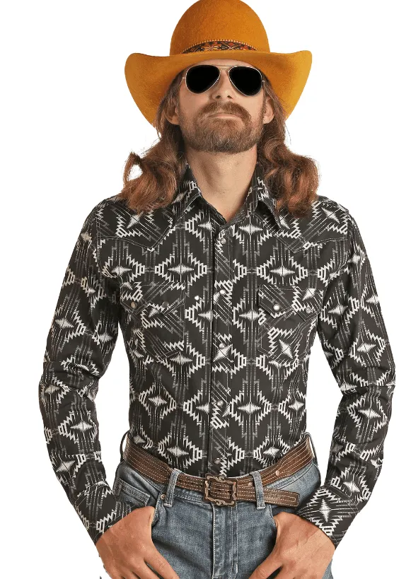 Rock & Roll Men's Dale Brisby Black Aztec Printed Snap Up Western Shirt RRMSOSR090