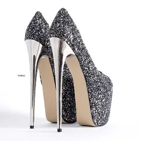 Silver Glitter Peep Toe Metallic High Heel Pumps