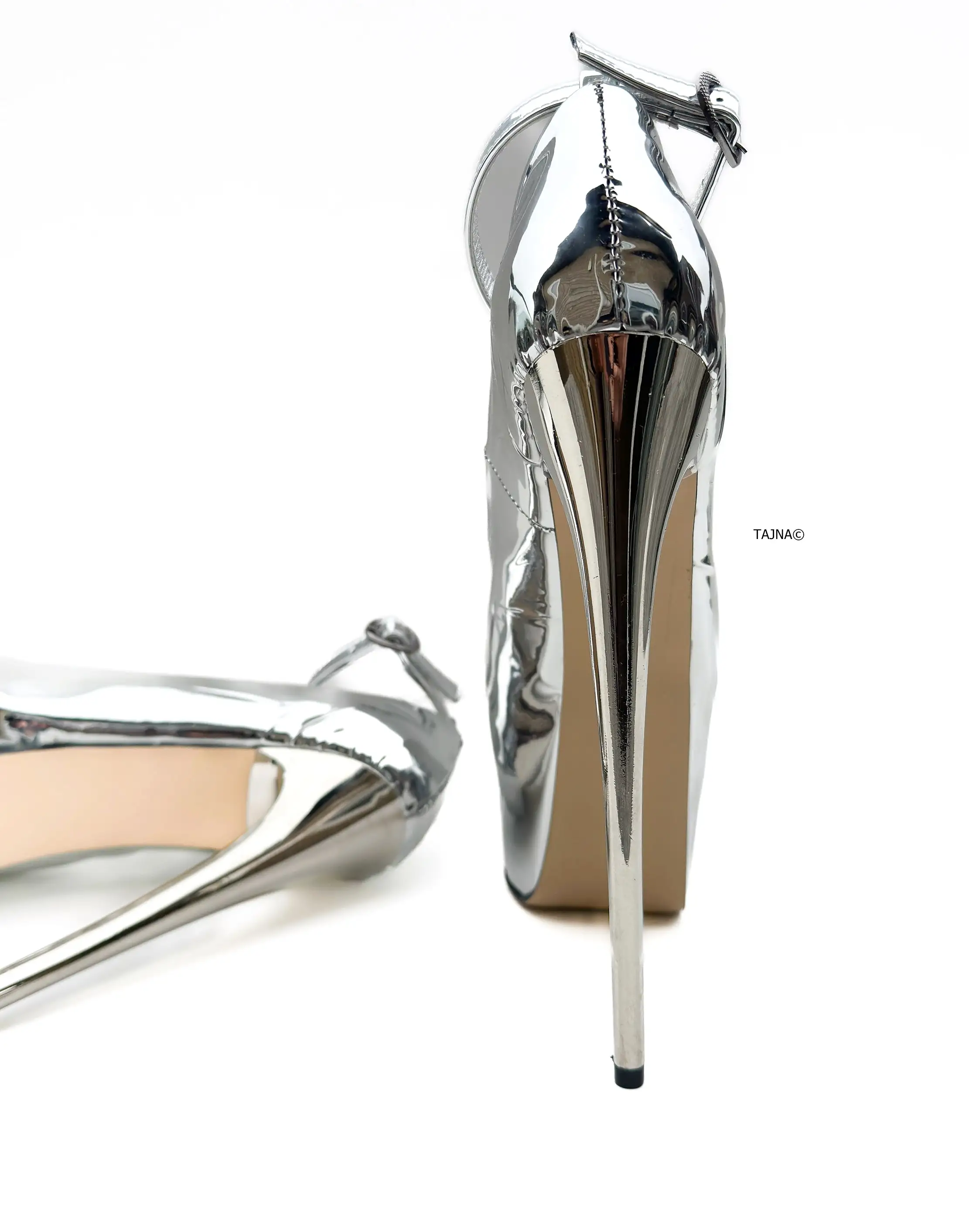 Silver Mirror Ankle Strap High Heel Pumps