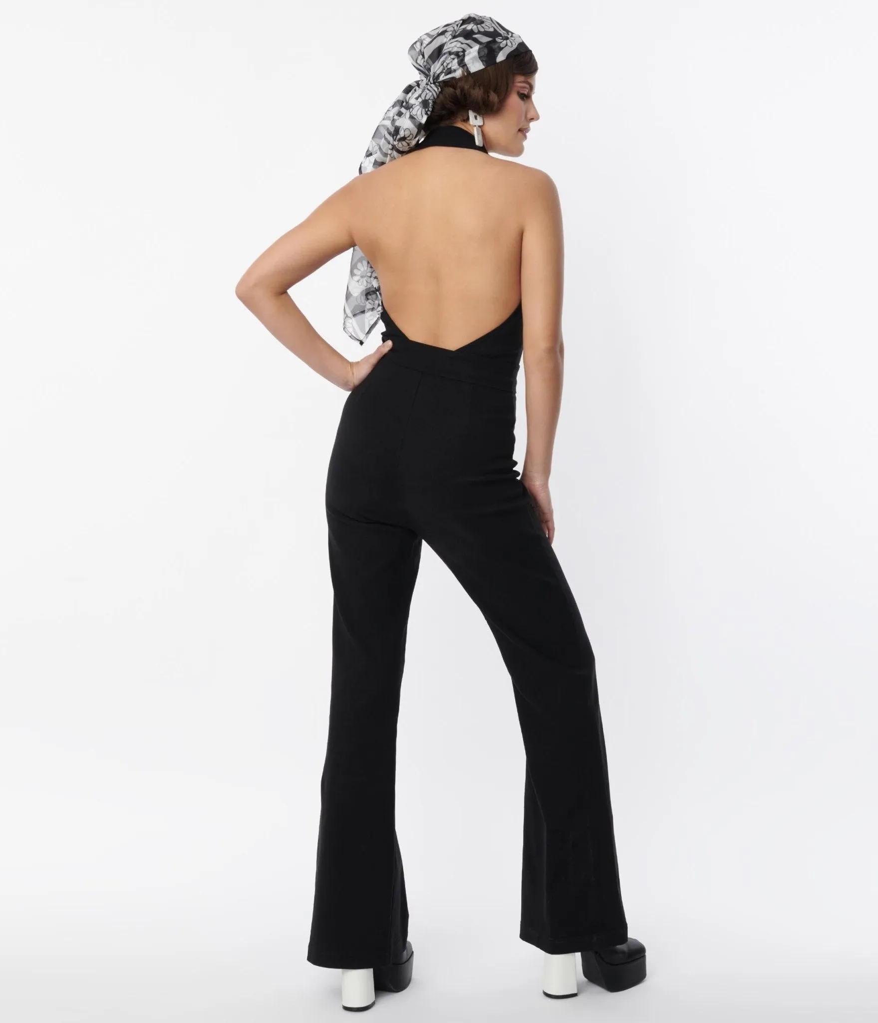 Smak Parlour 1970s Black Front Zipper Halter Jumpsuit