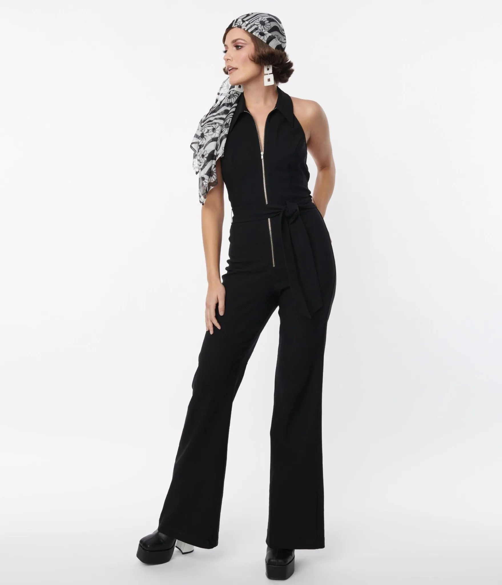 Smak Parlour 1970s Black Front Zipper Halter Jumpsuit