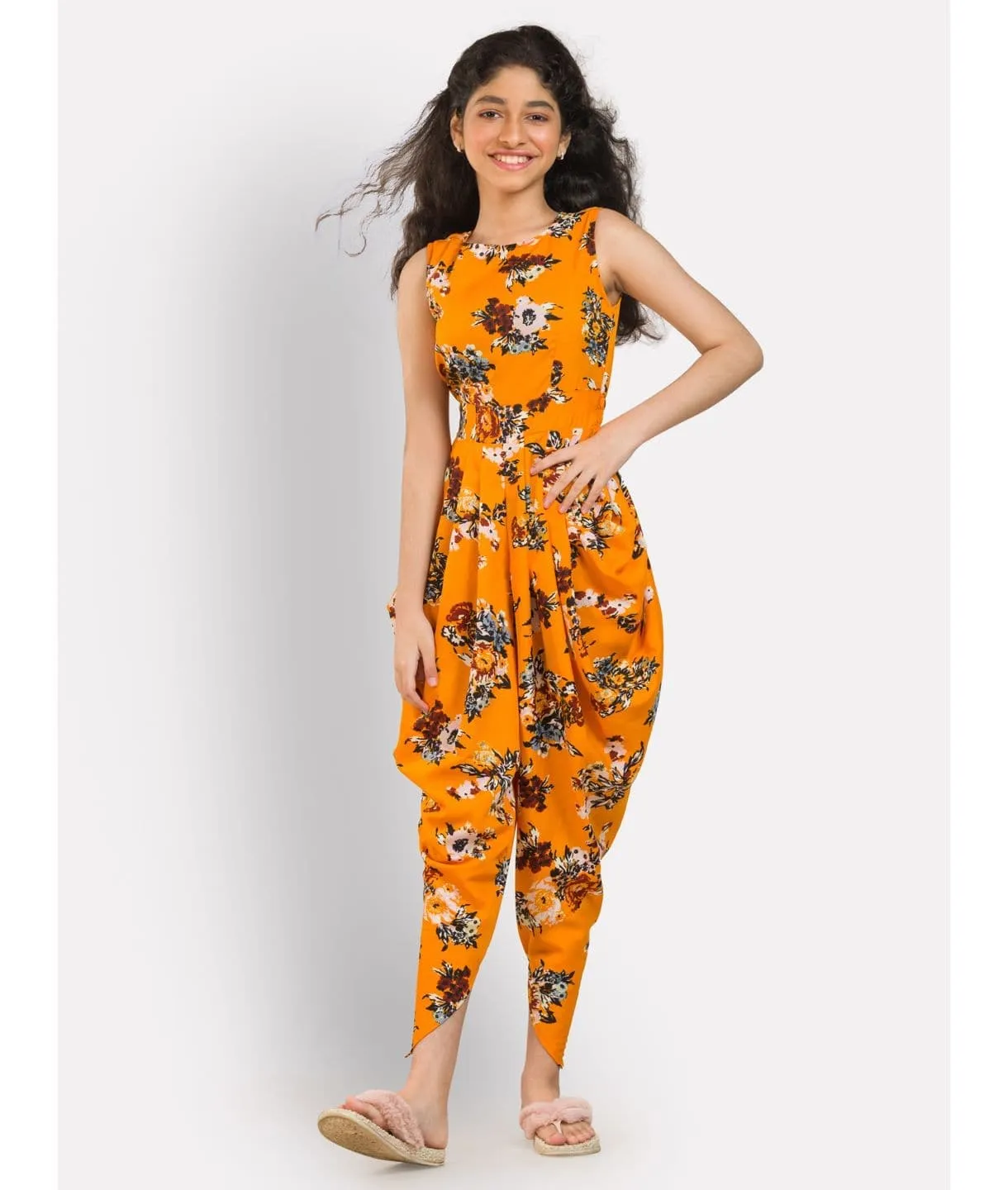 Solid Elasticated Dhoti Jumpsuit for Girls