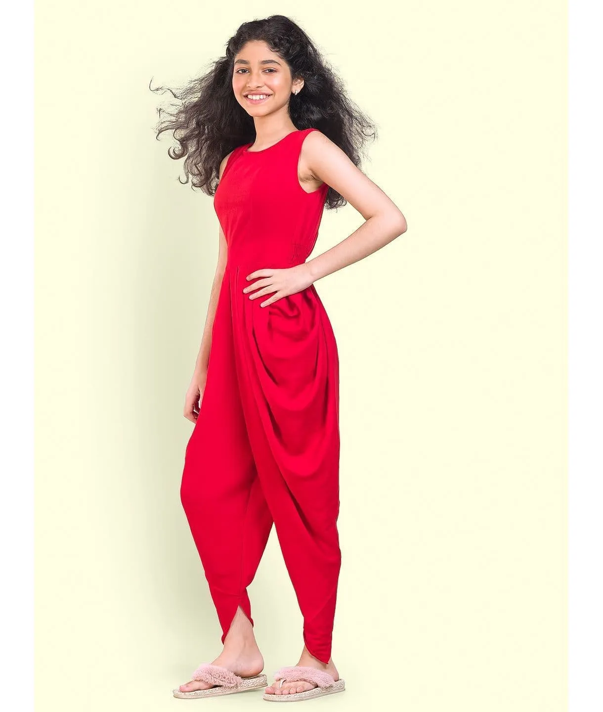 Solid Elasticated Dhoti Jumpsuit for Girls