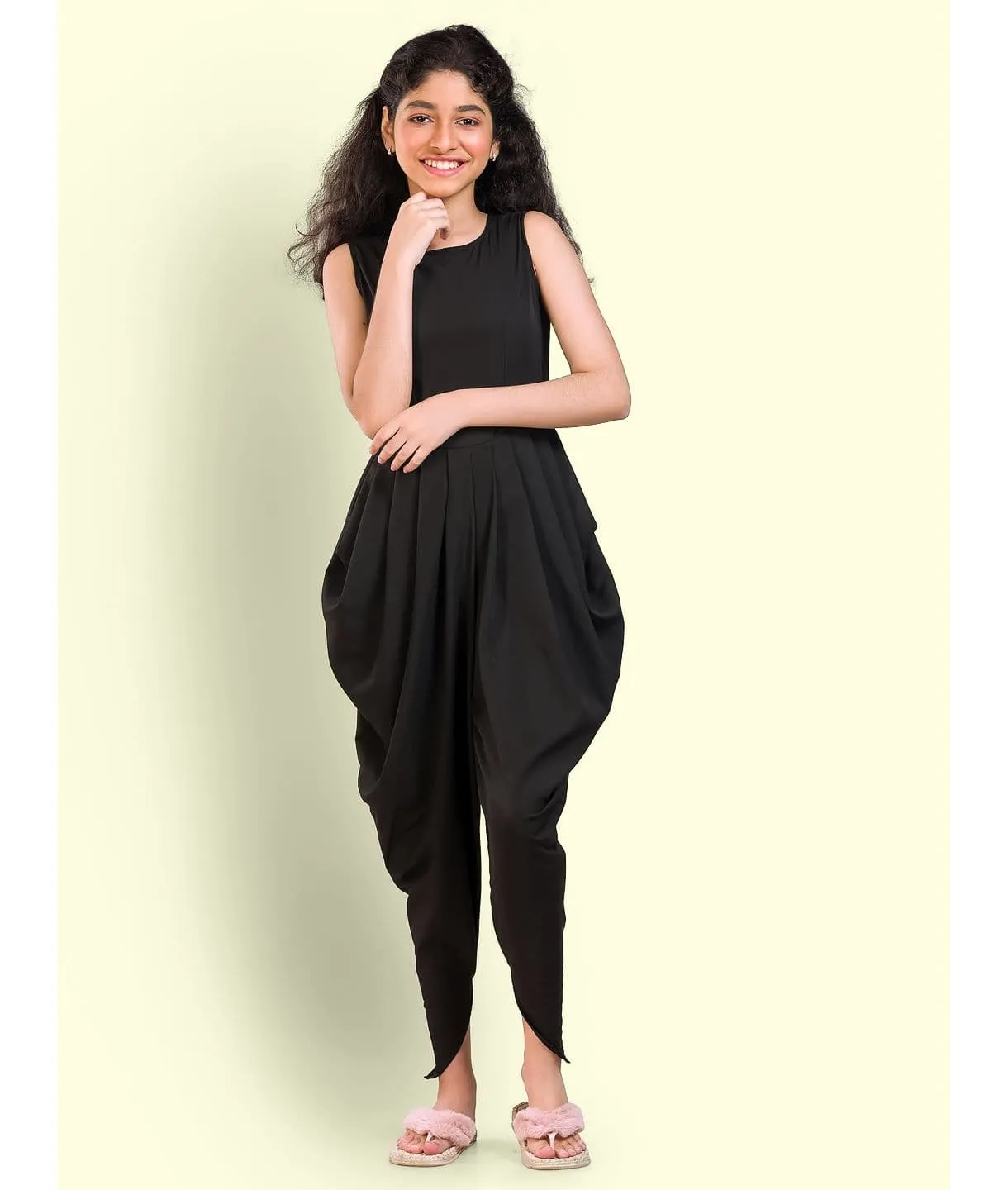 Solid Elasticated Dhoti Jumpsuit for Girls