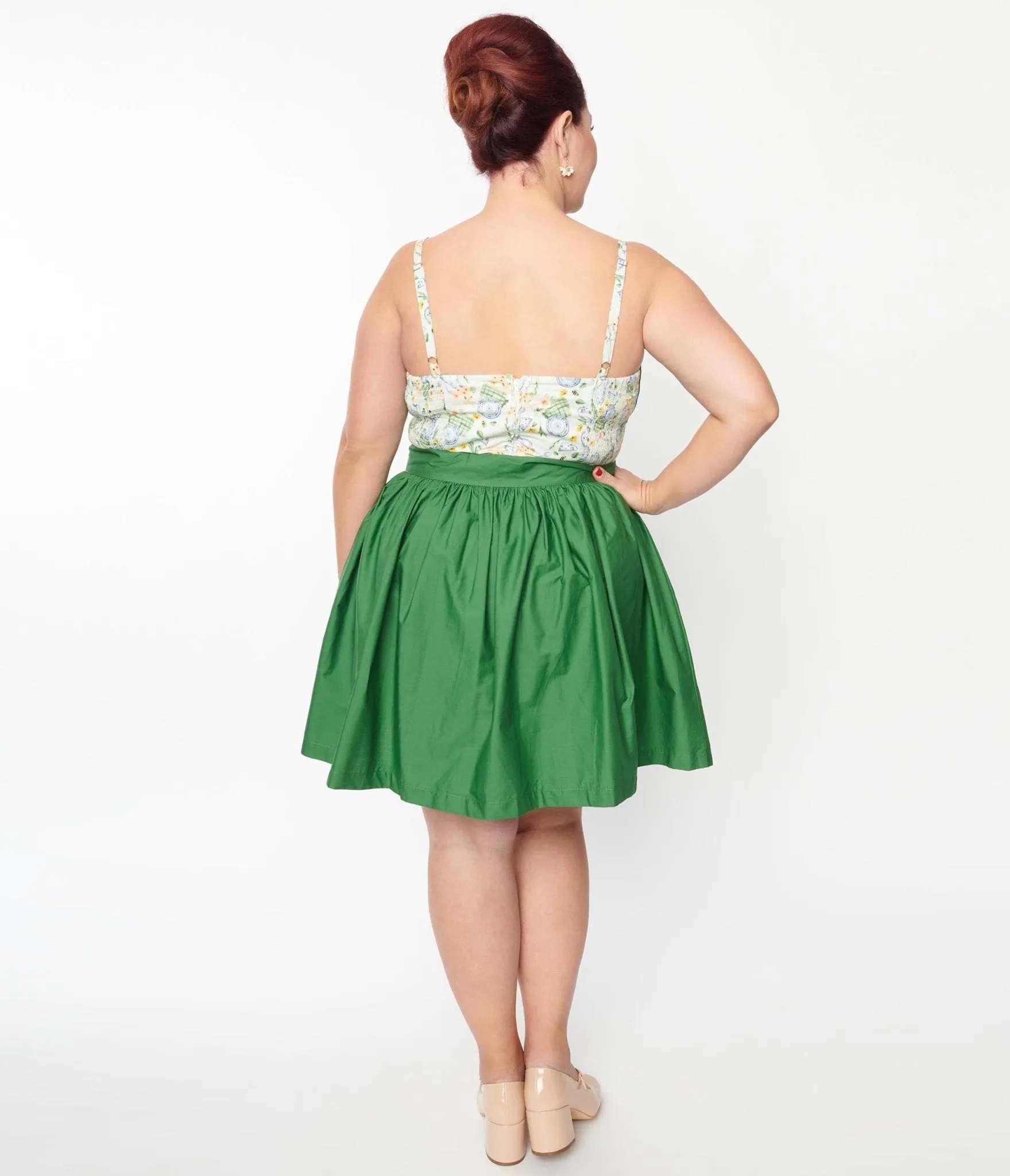 Unique Vintage Plus Size Green Gathered Mini Skirt