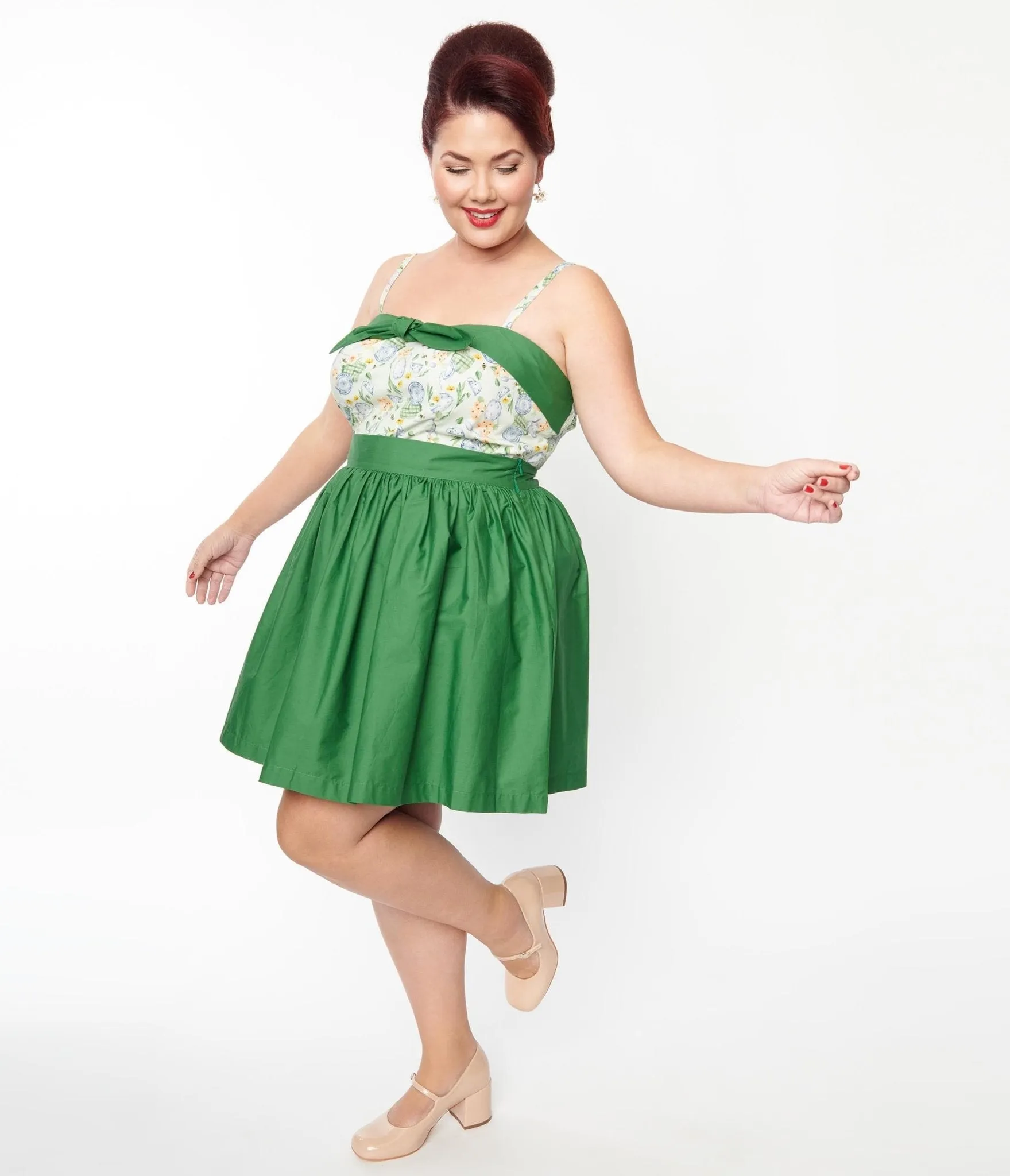 Unique Vintage Plus Size Green Gathered Mini Skirt