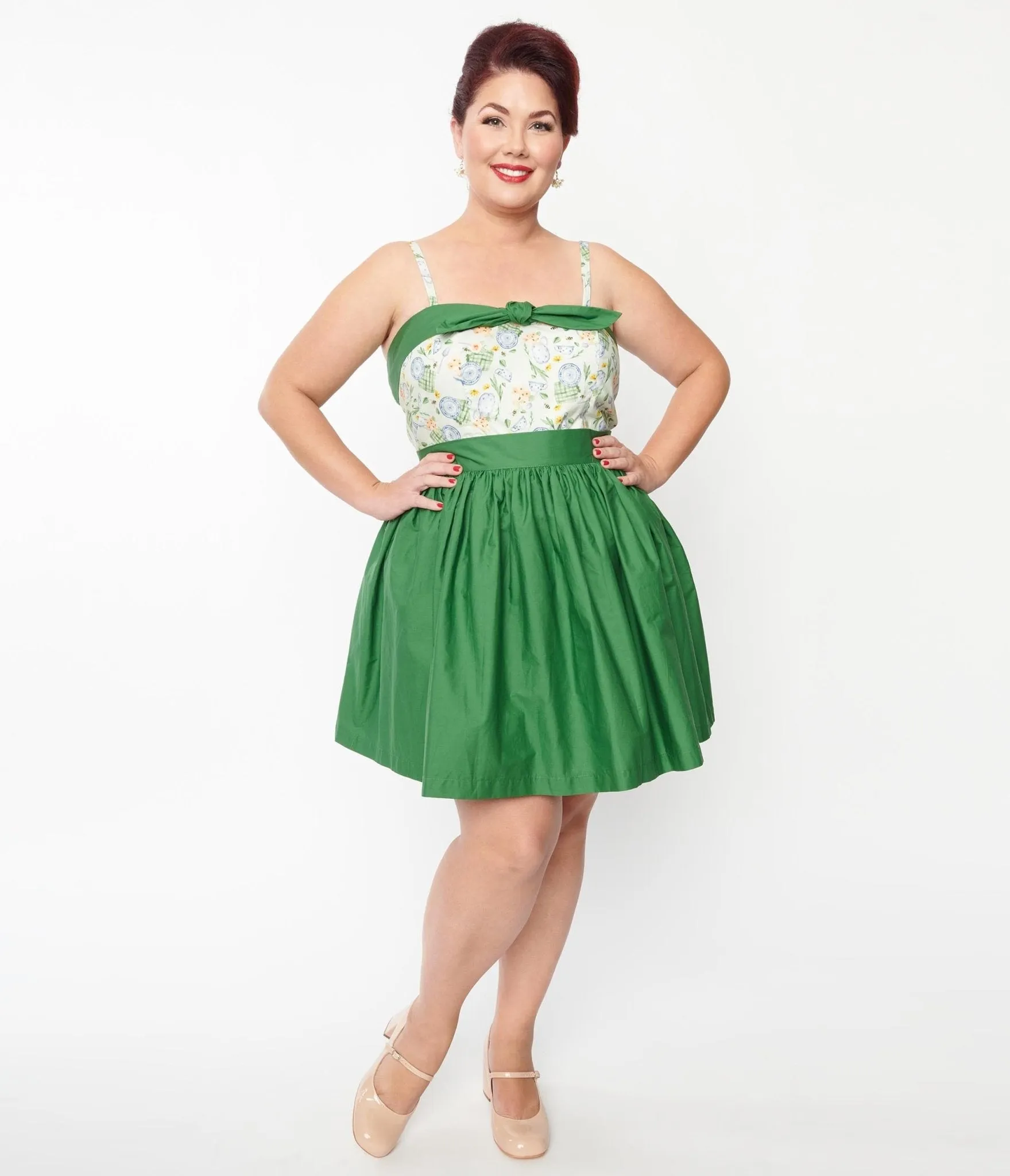 Unique Vintage Plus Size Green Gathered Mini Skirt